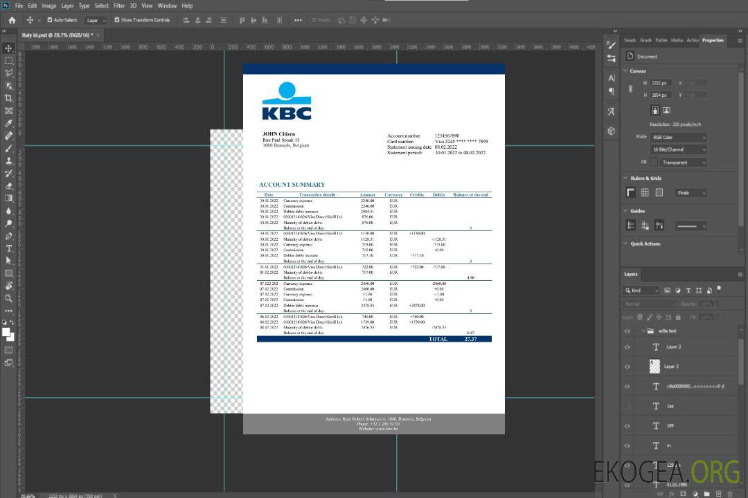 Relevé bancaire KBC Belgique template Relevé bancaire KBC Belgique template